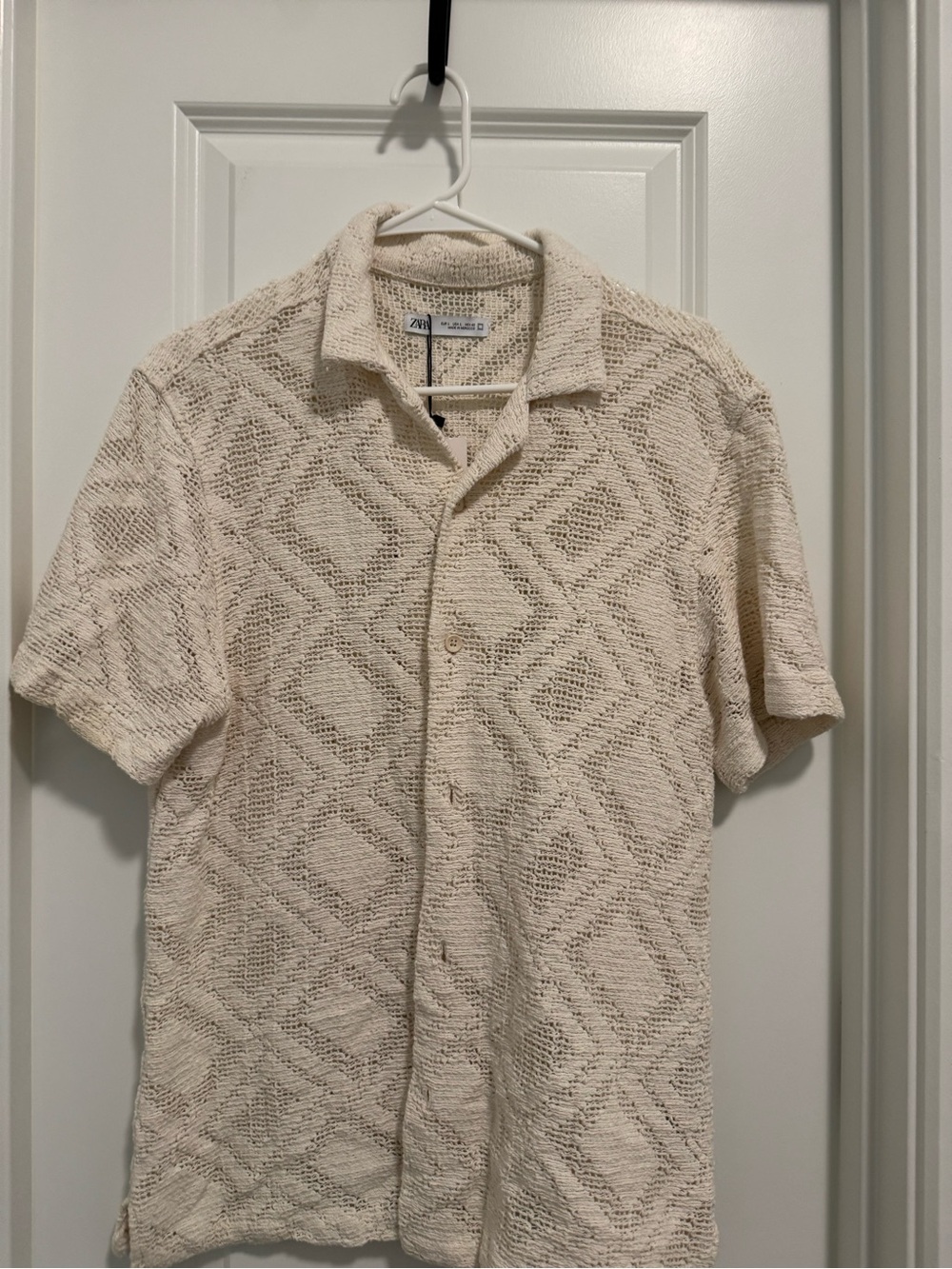 Zara Cream Short-Sleeve Open-Knit Button-Down Shirt